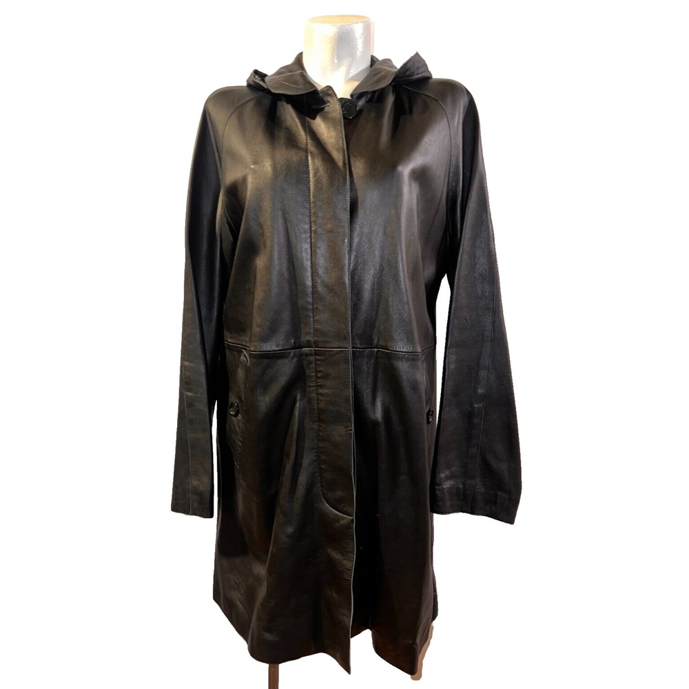 Burberry‎ Womens 14 Black Leather Trench Coat w/Removable Hood Midi Long Jacket